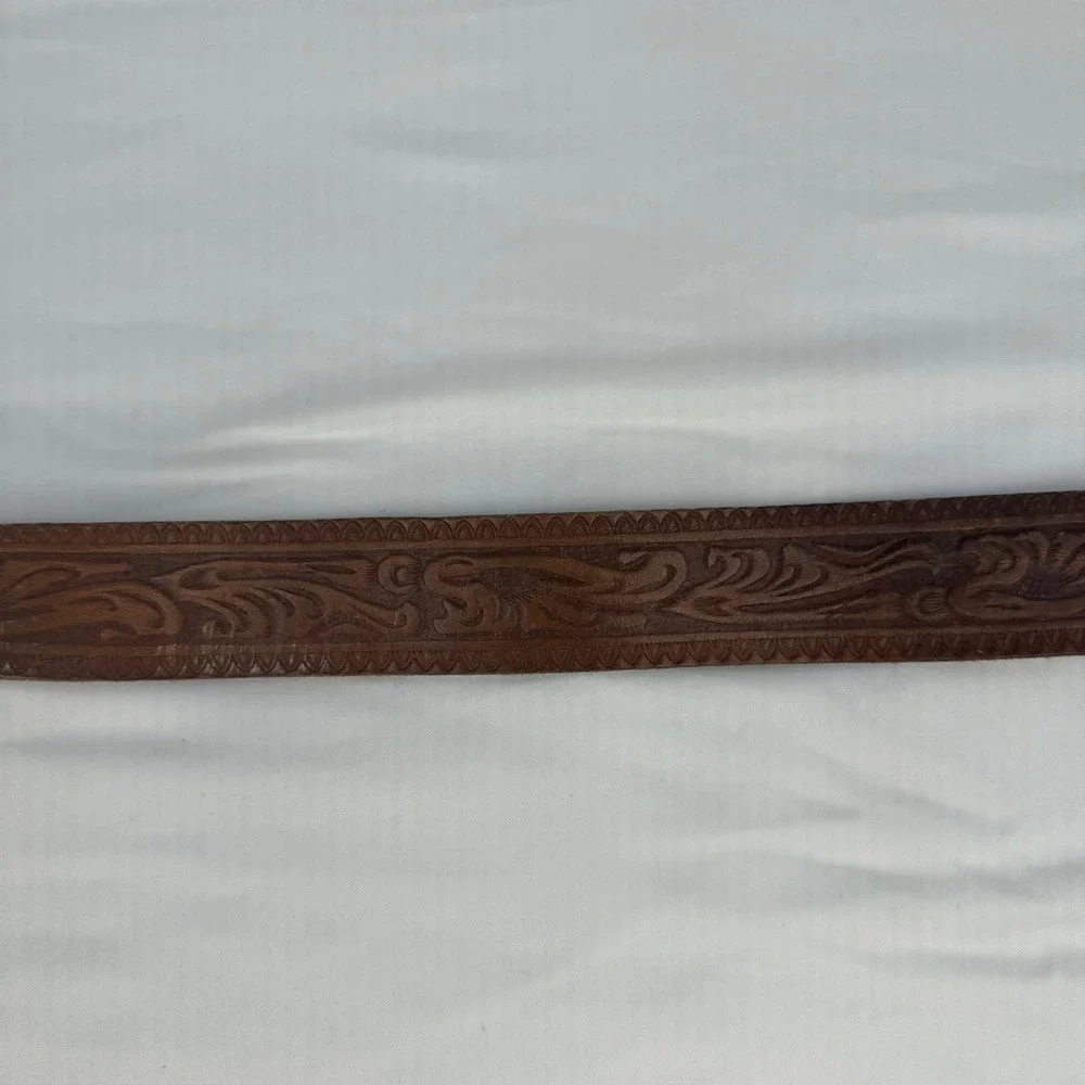 Vintage Western Tooled Brown Leather Belt Saddle Trophy Buckle Made in USA 32in